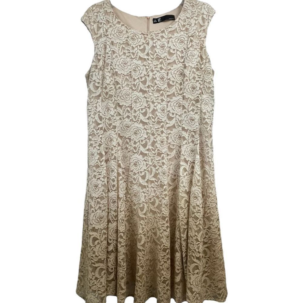 LESLIE FAY Women's Dress Midi Fit & Flare Sleeveless Lace Ombré Glitter Gold Cre